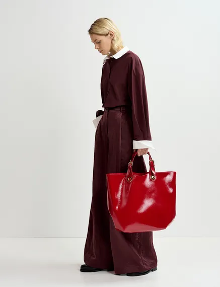 Maroon satin wide-leg pants