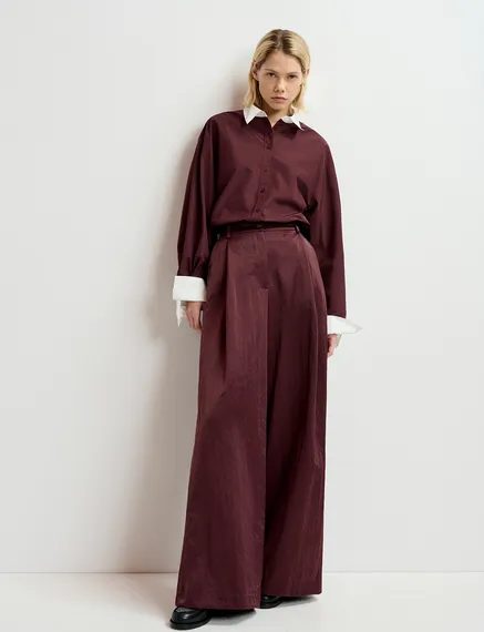 Maroon satin wide-leg pants