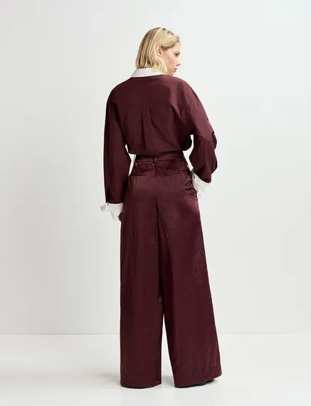 Maroon satin wide-leg pants