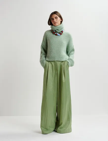 Light green satin wide-leg pants