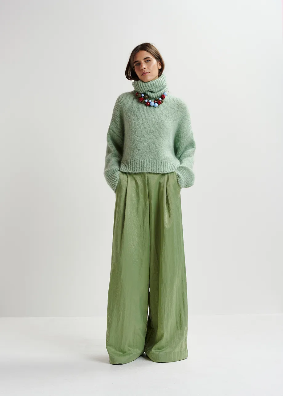 Light green satin wide-leg pants