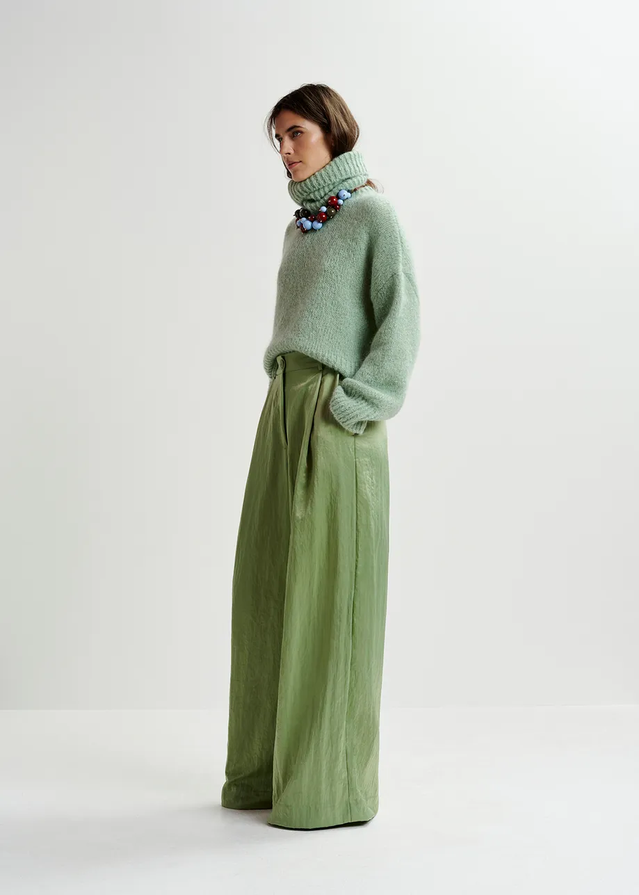 Light green satin wide-leg pants