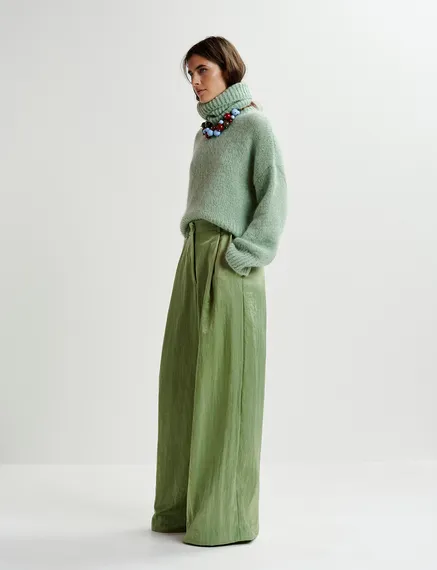 Light green satin wide-leg pants