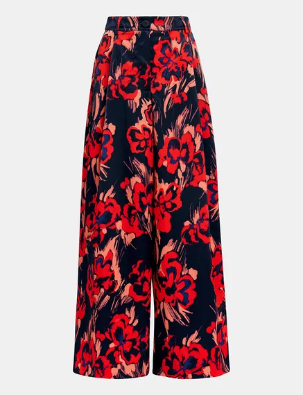 Navy blue satin wide-leg pants with floral print