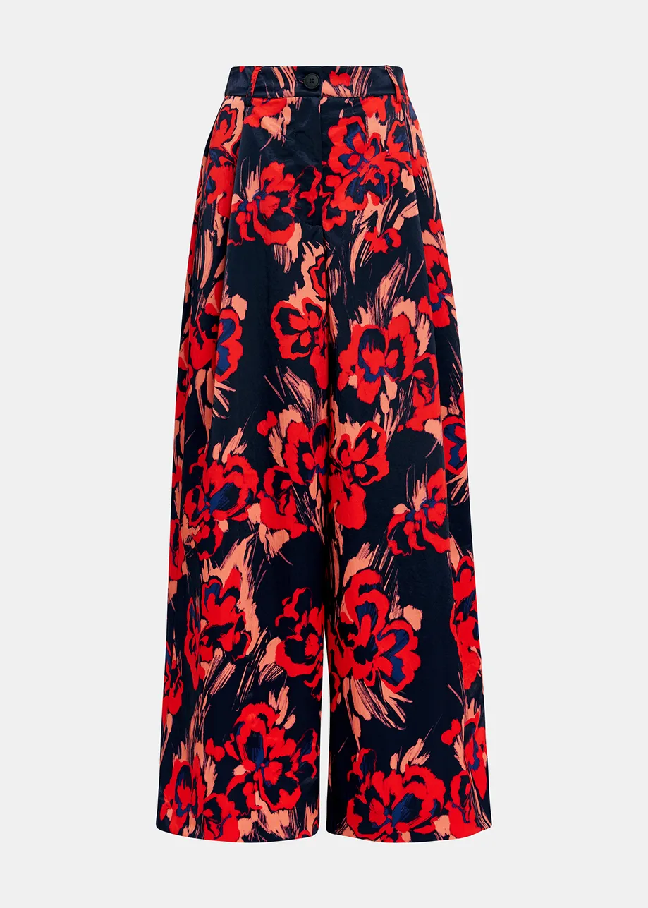 Navy blue satin wide-leg pants with floral print