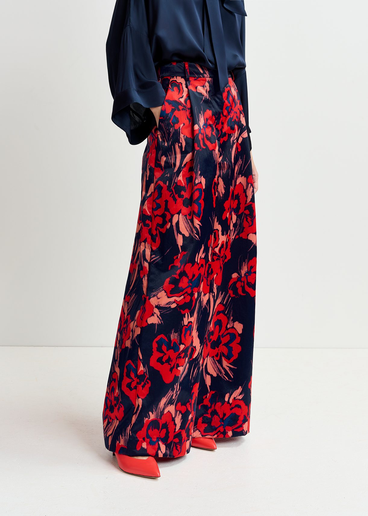 Navy floral wide leg trousers best sale