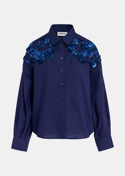 Navy blue cotton shirt with sequin and beaded embroideries