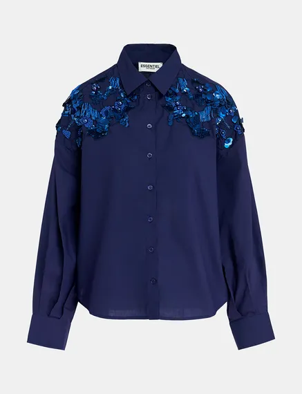 Navy blue cotton shirt with sequin and beaded embroideries