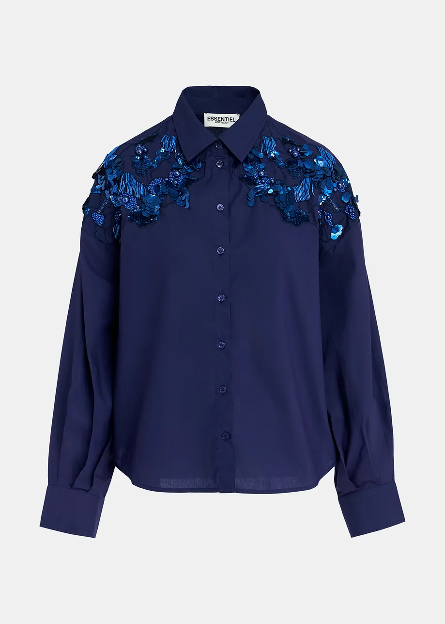 Navy blue cotton shirt with sequin and beaded embroideries