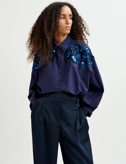 Navy blue cotton shirt with sequin and beaded embroideries