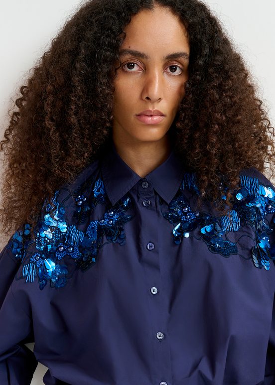 Navy blue cotton shirt with sequin and beaded embroideries