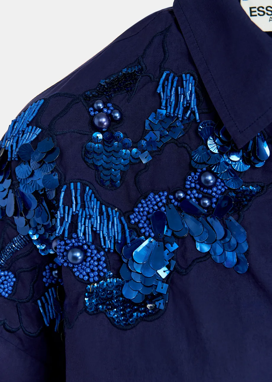 Camicia in cotone blu navy con ricami di paillettes e perline