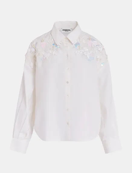 Camisa de algodón blanco roto con bordados de lentejuelas y cuentas