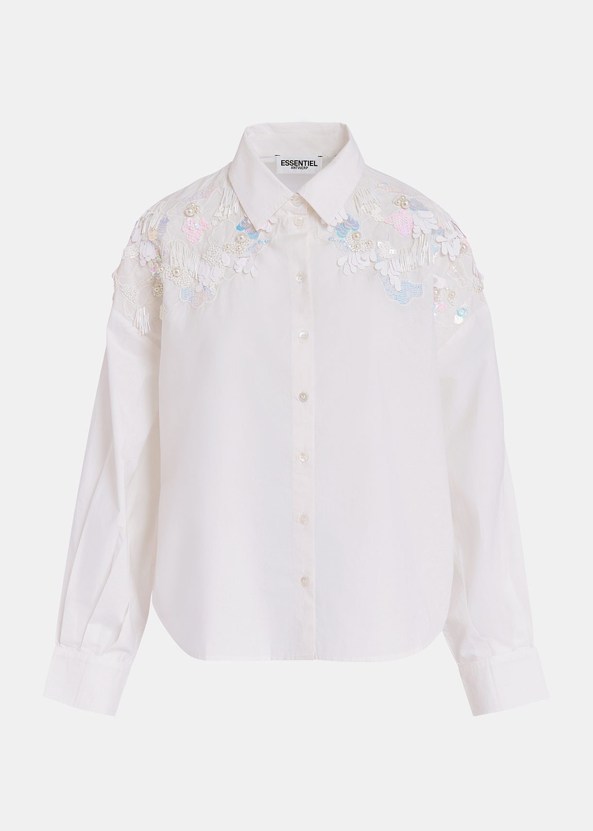 White cotton shirt with sequin and beaded embroideries