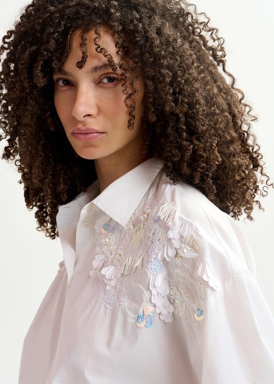 White cotton shirt with sequin and beaded embroideries