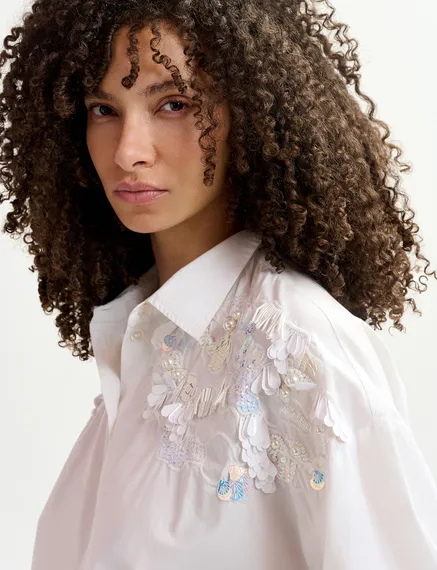 White cotton shirt with sequin and beaded embroideries