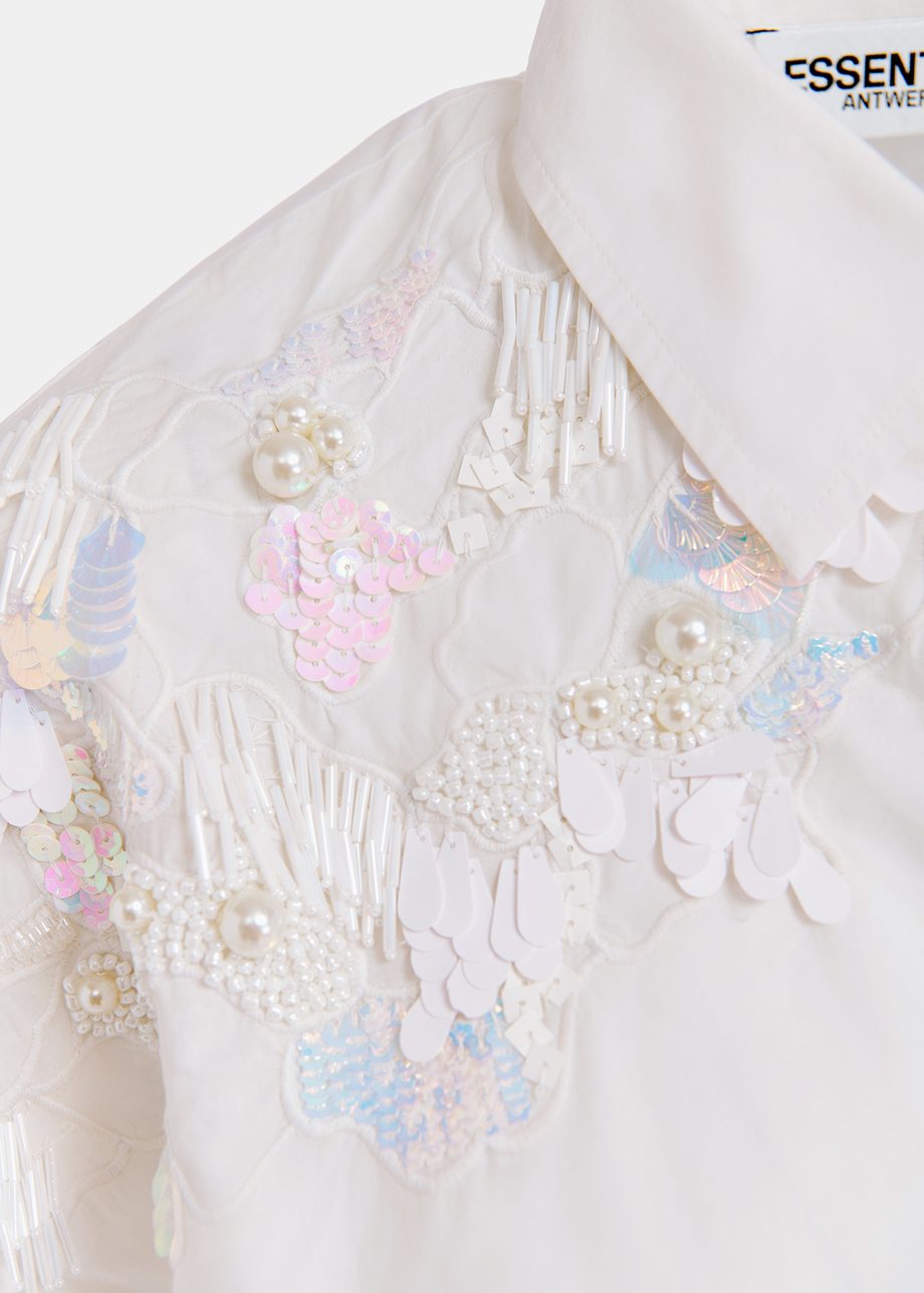 White cotton shirt with sequin and beaded embroideries