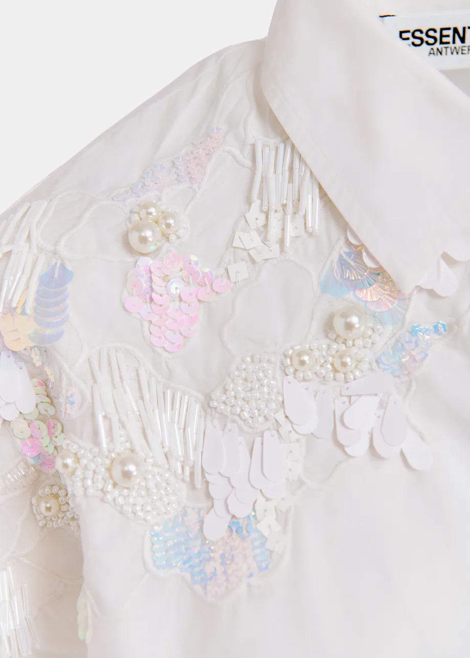 White cotton shirt with sequin and beaded embroideries