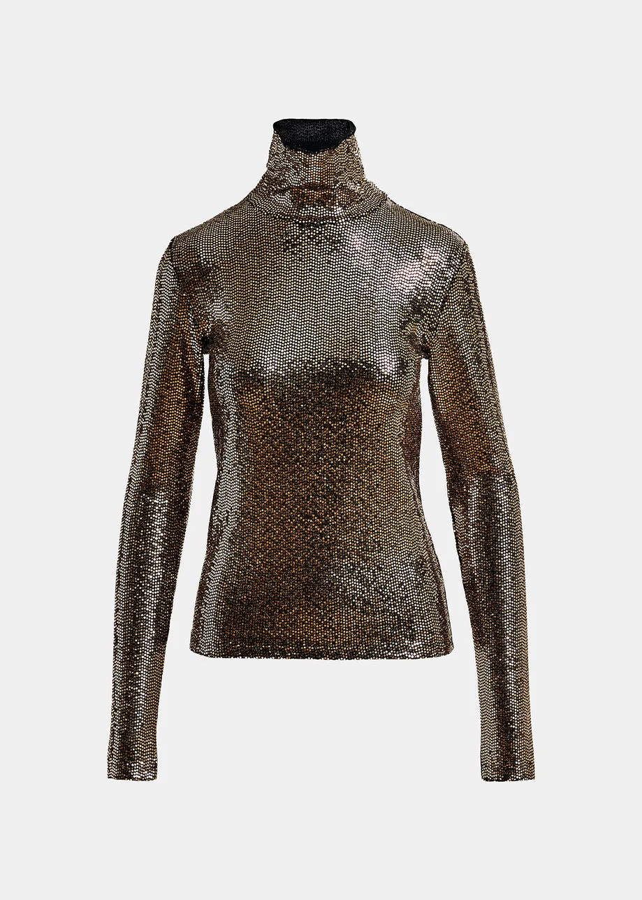 Gold-tone stretch-jersey turtleneck top