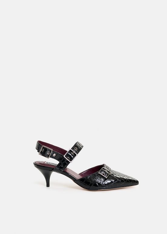 Schwarze Slingback-Pumps aus Leder in Kroko-Optik