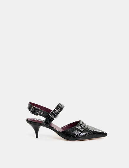 Black leather croc-effect slingback pumps