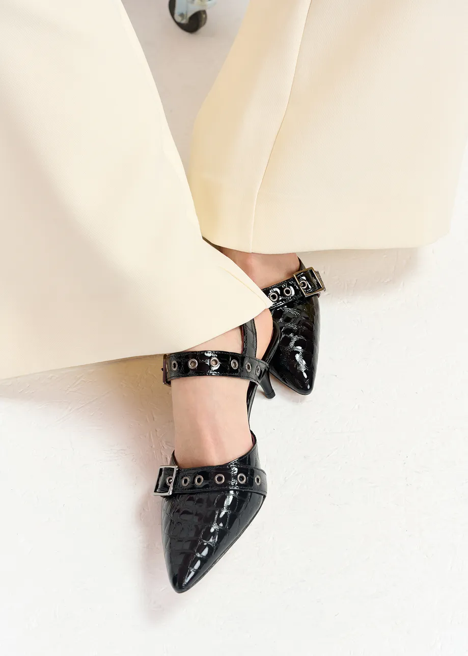 Black leather croc-effect slingback pumps