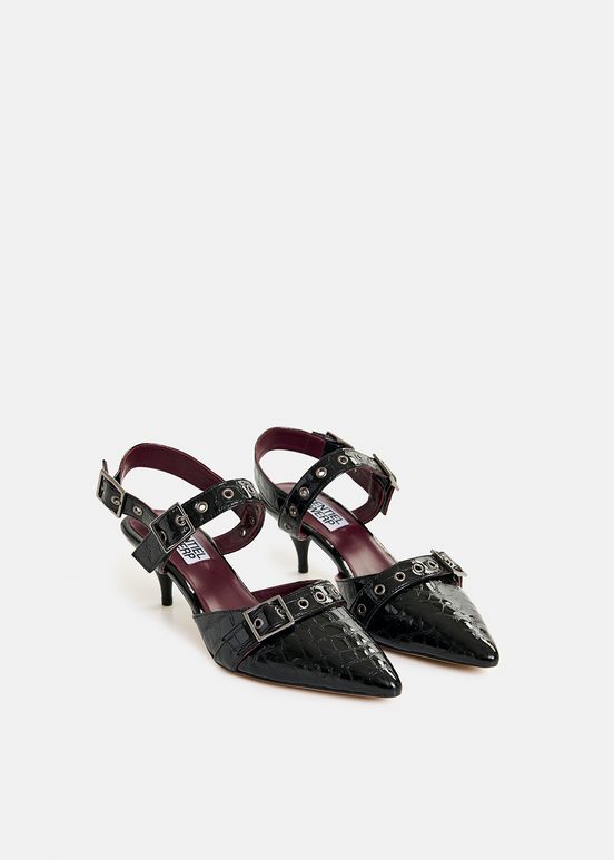 Zwarte leren slingback pumps met krokomotief