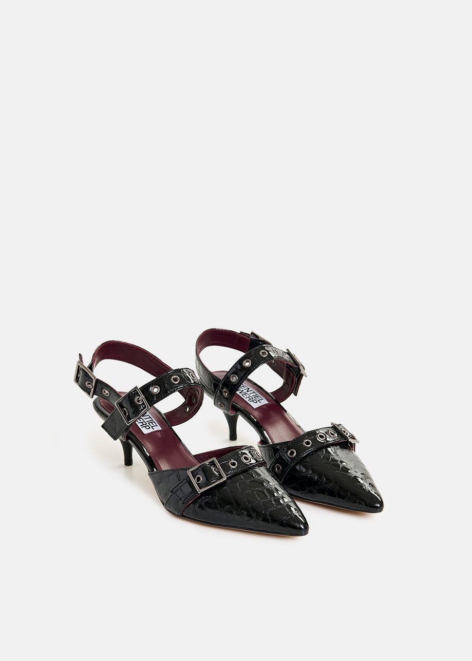 Black leather croc-effect slingback pumps