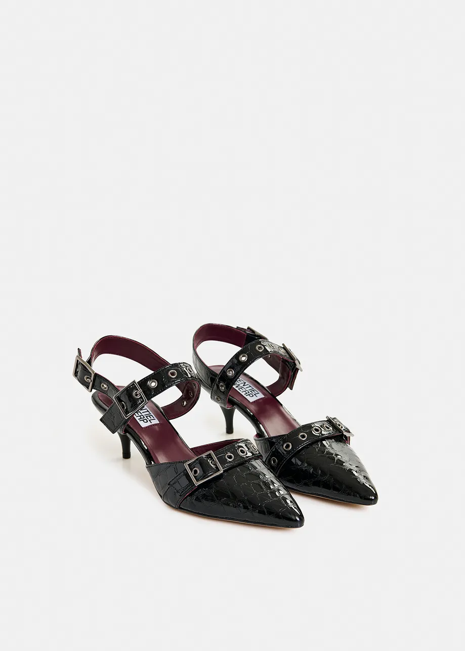 Décolleté slingback in pelle effetto coccodrillo nere