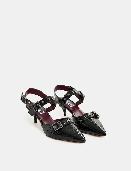 Black leather croc-effect slingback pumps