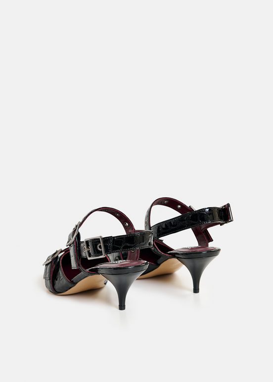 Schwarze Slingback-Pumps aus Leder in Kroko-Optik