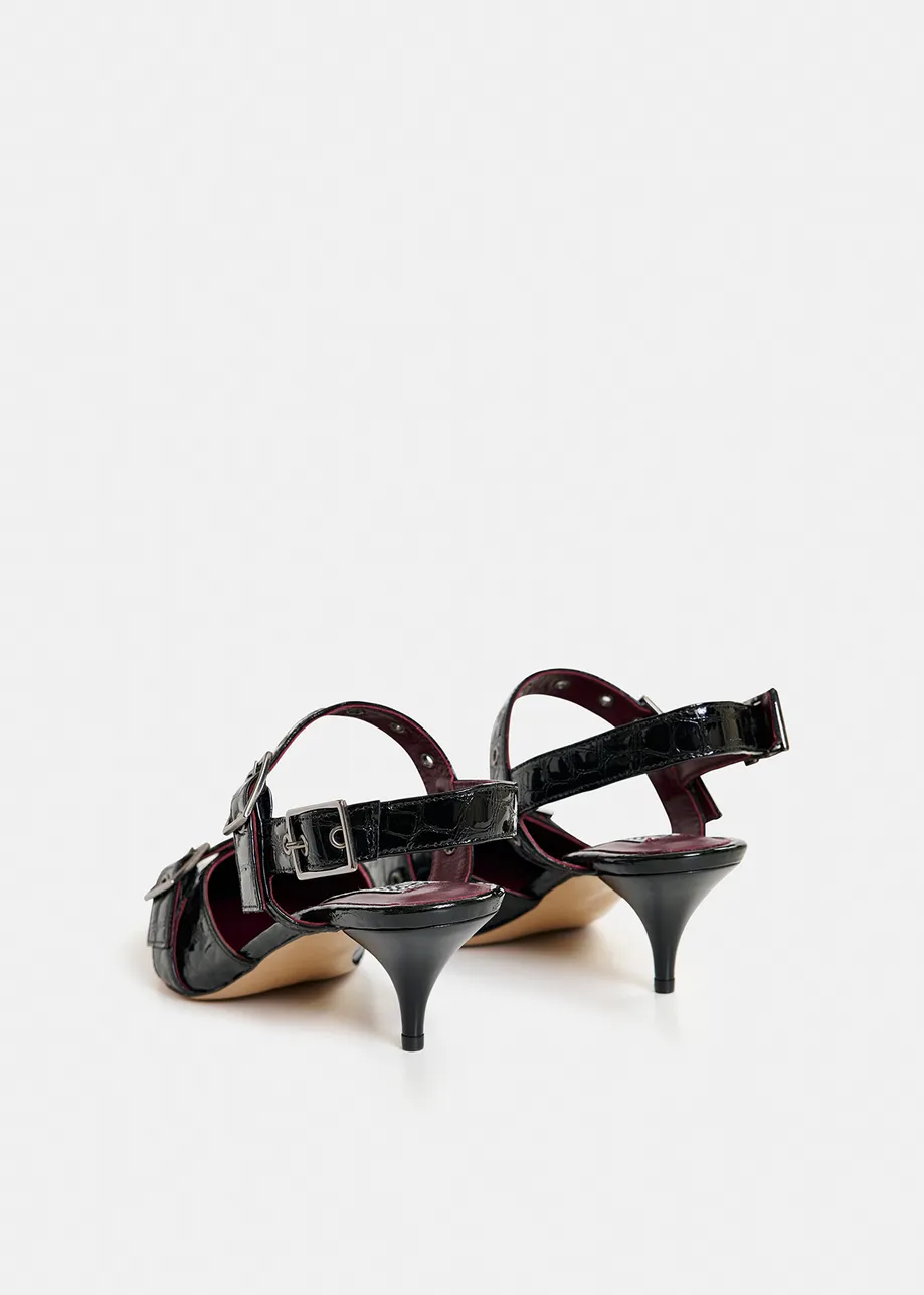 Décolleté slingback in pelle effetto coccodrillo nere