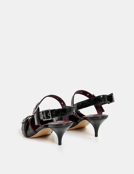 Zwarte leren slingback pumps met krokomotief