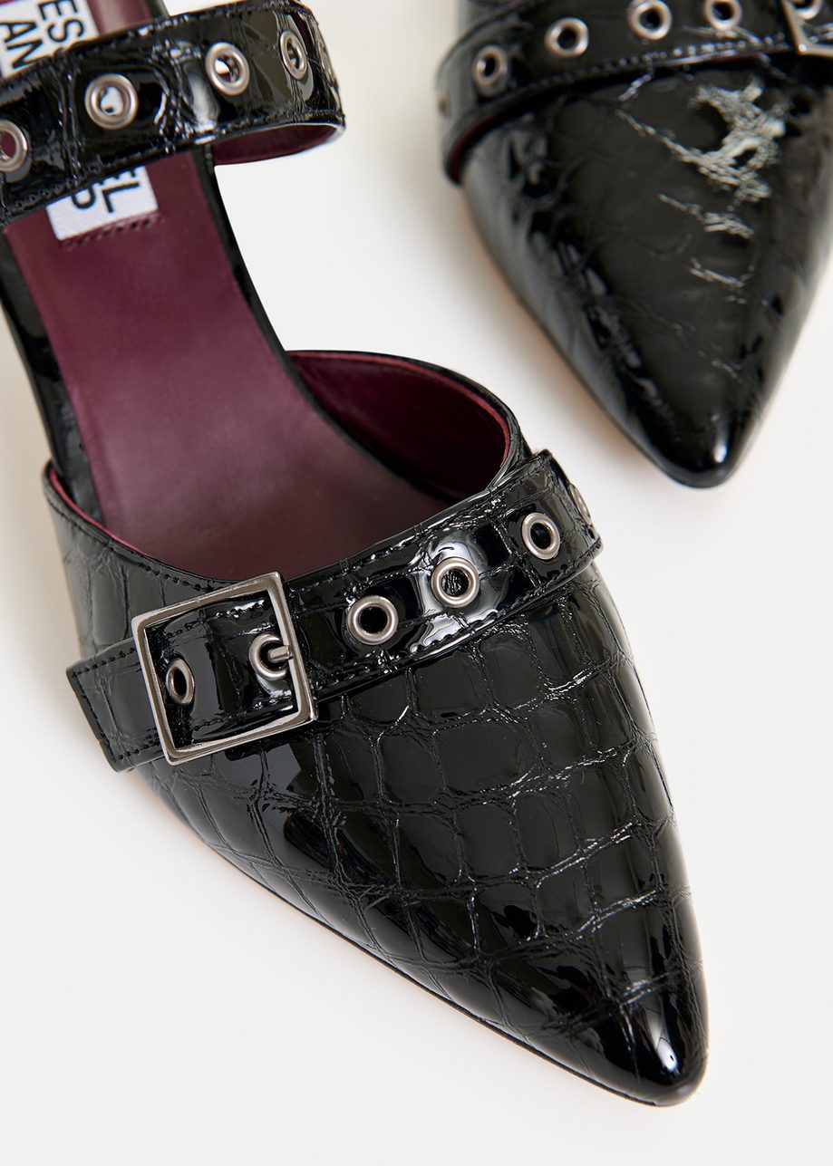 Black leather croc-effect slingback pumps