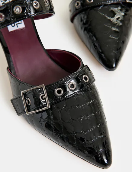 Black leather croc-effect slingback pumps