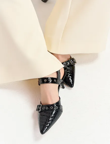 Black leather croc-effect slingback pumps