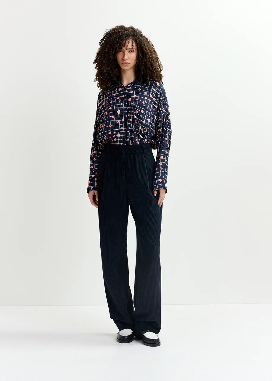 Navy blue floral-print shirt with sequin-embellished collar