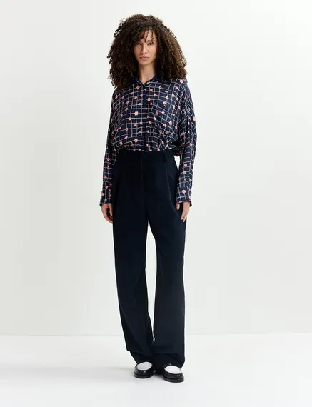 Navy blue floral-print shirt with sequin-embellished collar