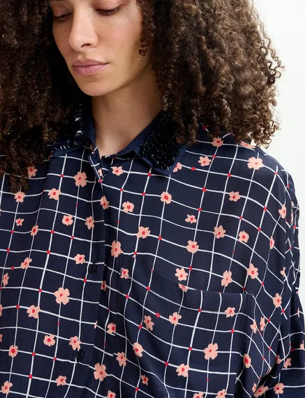 Navy blue floral-print shirt with sequin-embellished collar