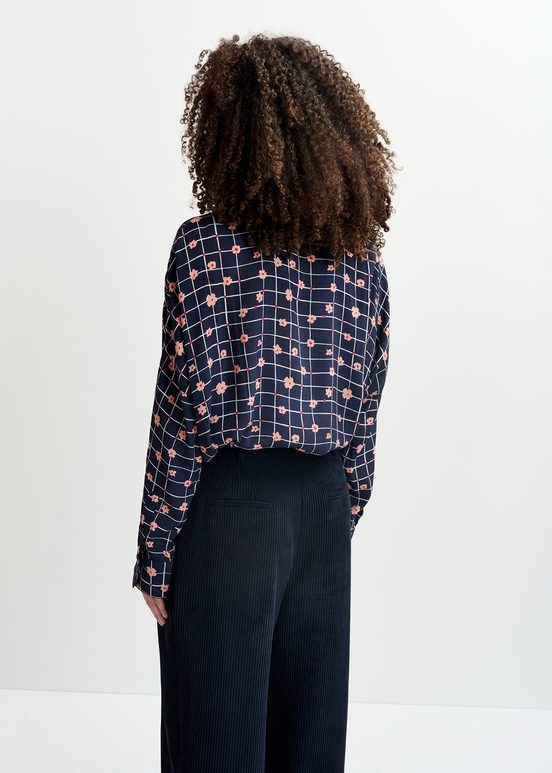 Navy blue floral-print shirt with sequin-embellished collar