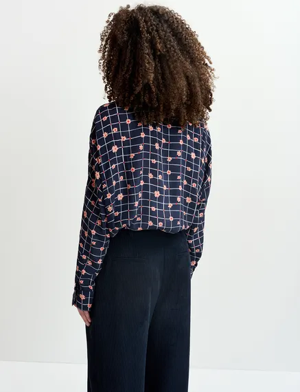 Navy blue floral-print shirt with sequin-embellished collar