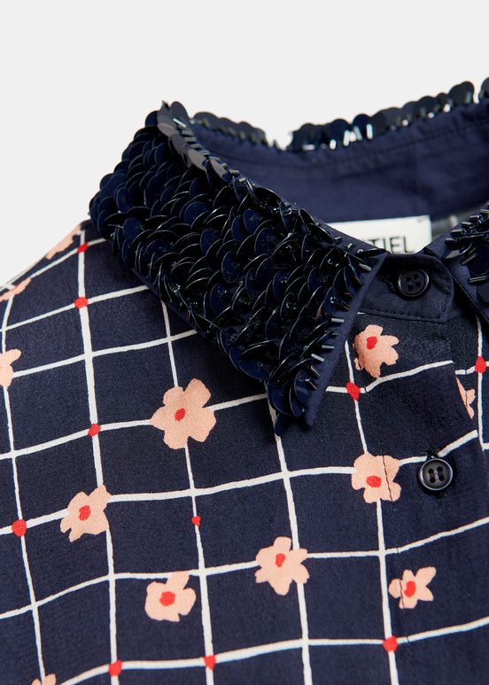 Navy blue floral-print shirt with sequin-embellished collar