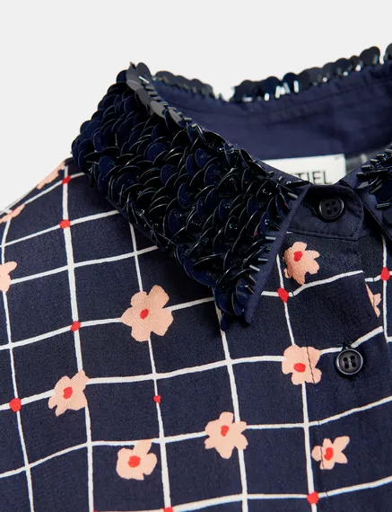 Navy blue floral-print shirt with sequin-embellished collar