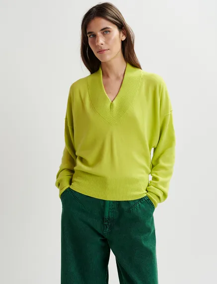 Lime green V-neck knit sweater