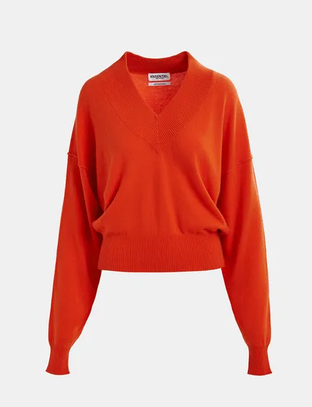 Orange V-neck knit sweater