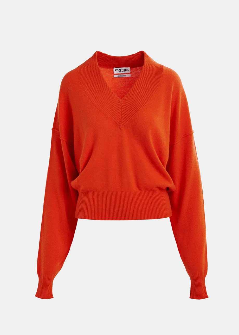 Orange V-neck knit sweater