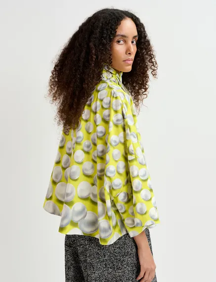 Yellow graphic-print top with pussy bow