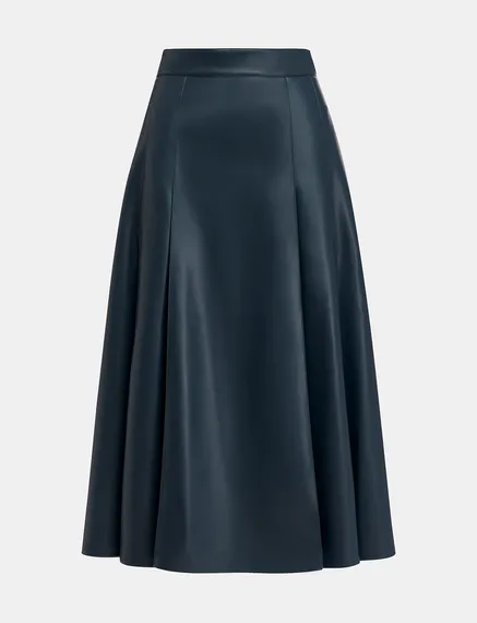 Navy blue faux leather midi skirt