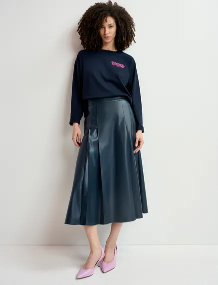 Navy blue faux leather midi skirt