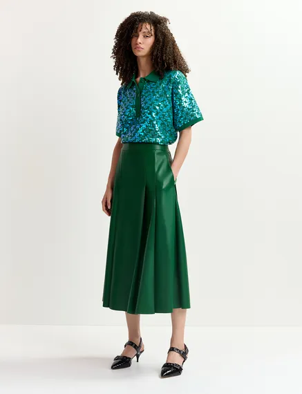 Jupe midi en faux cuir vert foncé